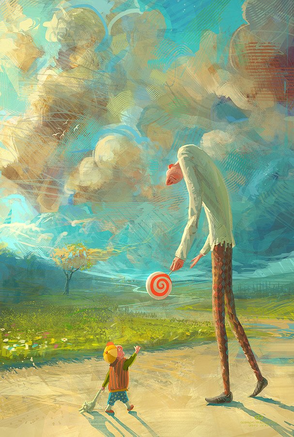painting of a father holding a spiralled lollypop candy out to his small child 